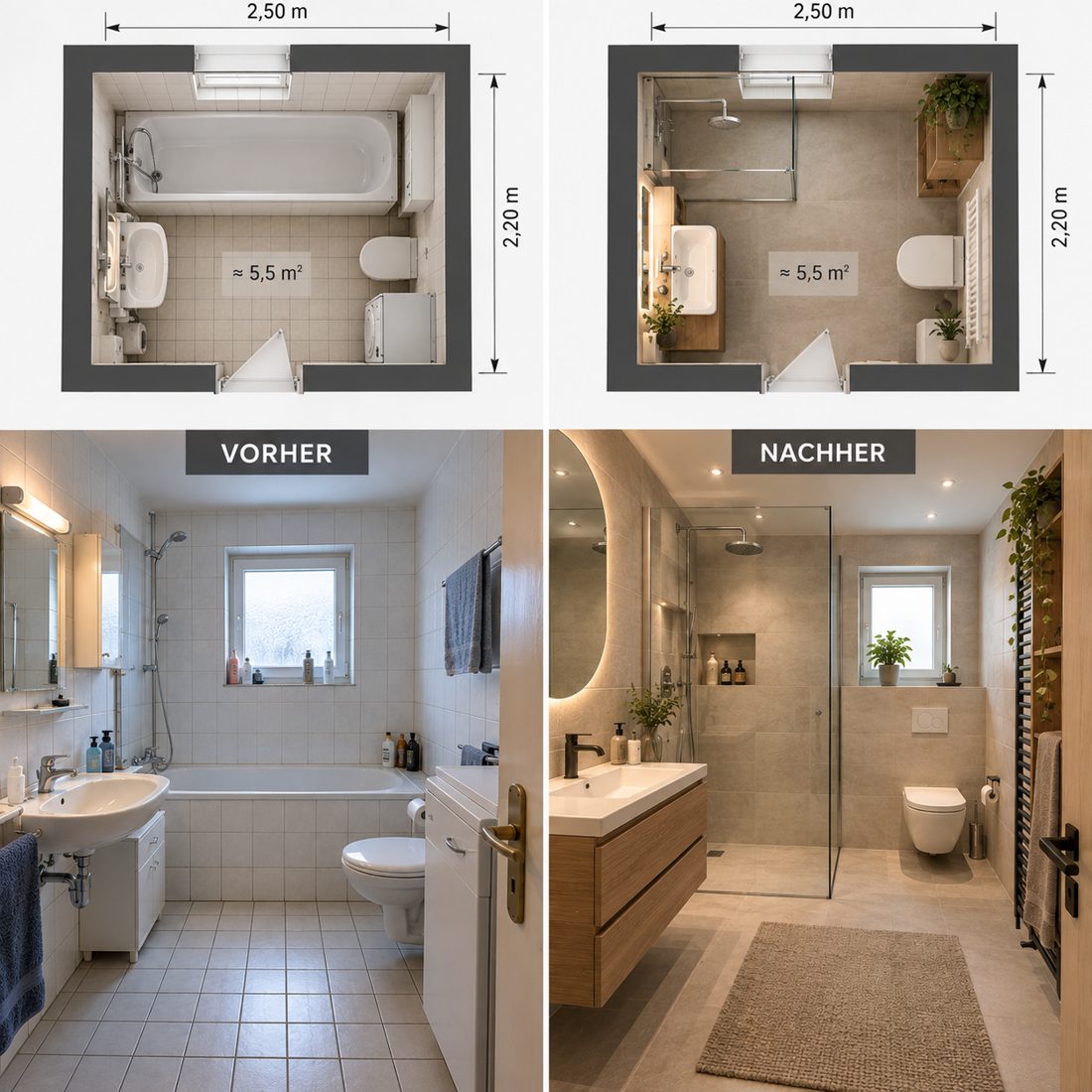 Vorher und nachher: Bad mit 5,5 m², Badewanne ersetzt durch ebenerdige Dusche